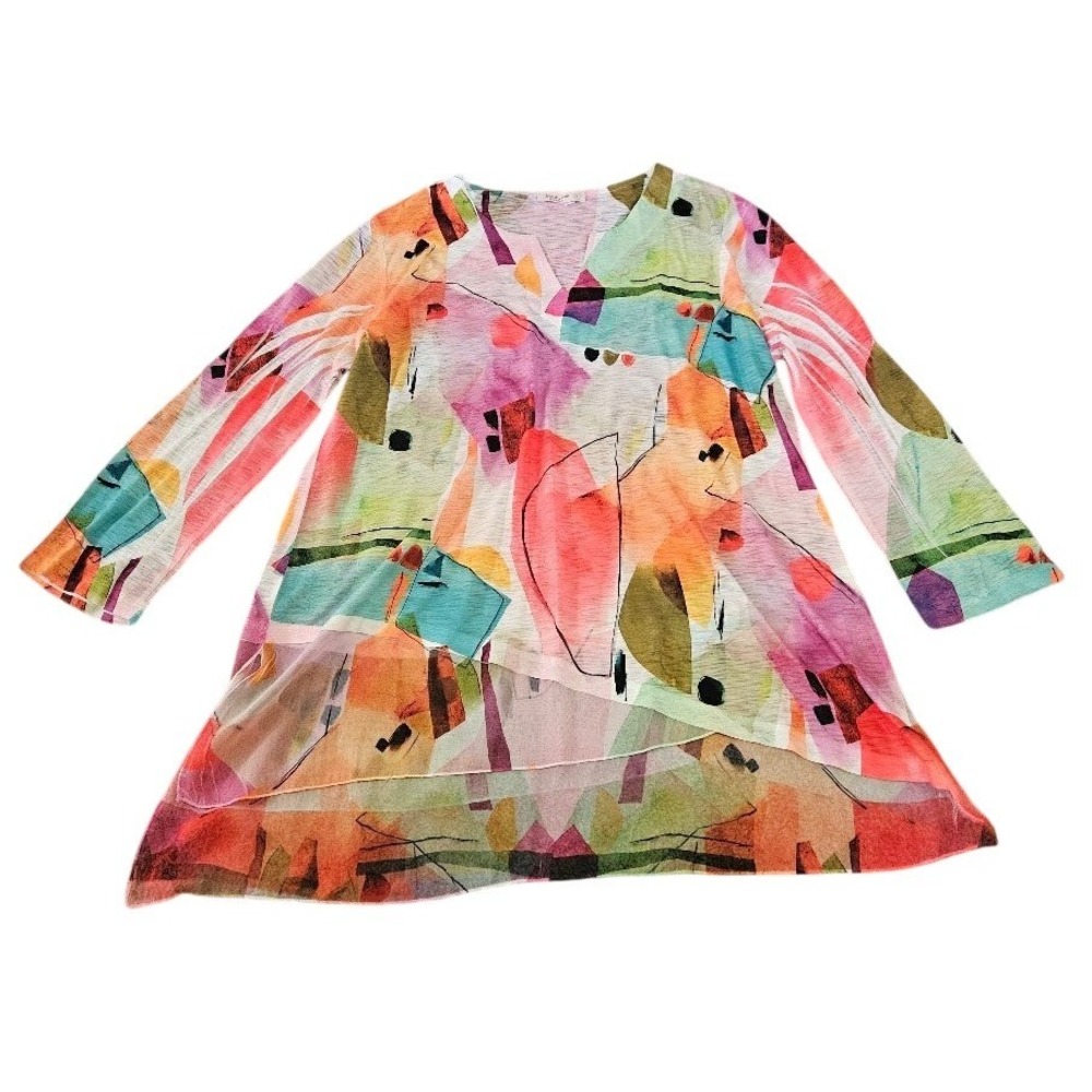 Jess & Jane Women Abstract Art Print V-Neck Tunic Top Asymmetric Hem Large Artsy